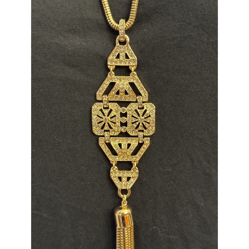 Cara Statement Glam Art Deco Gold Rhinestone Tassel Necklace